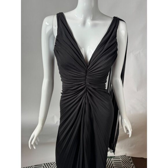 BCBG Max Azria Black Pleated Evening Gown With Sheer Asymmetrical Drape & Ruched - Picture 5 of 16